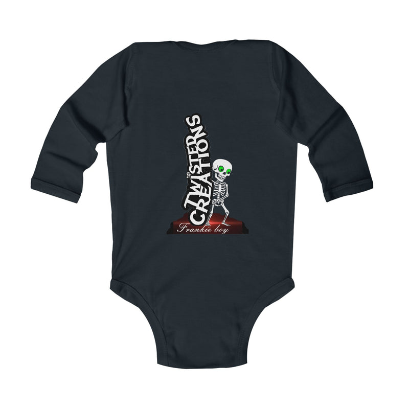 Black baby onesie with a skeleton design and text on a white background