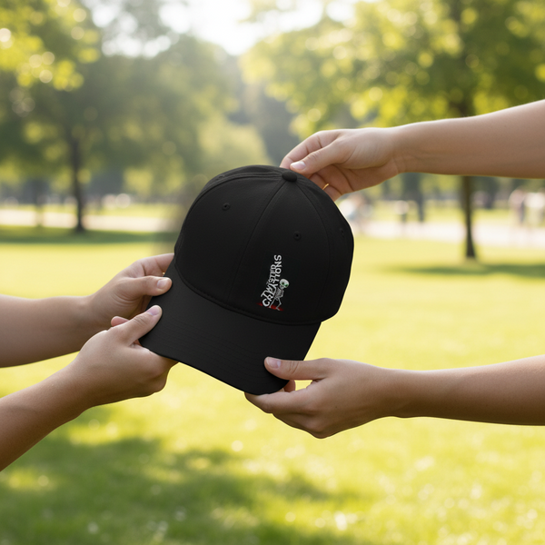 Two pairs of hands exchanging a black cap with a logo in a park setting