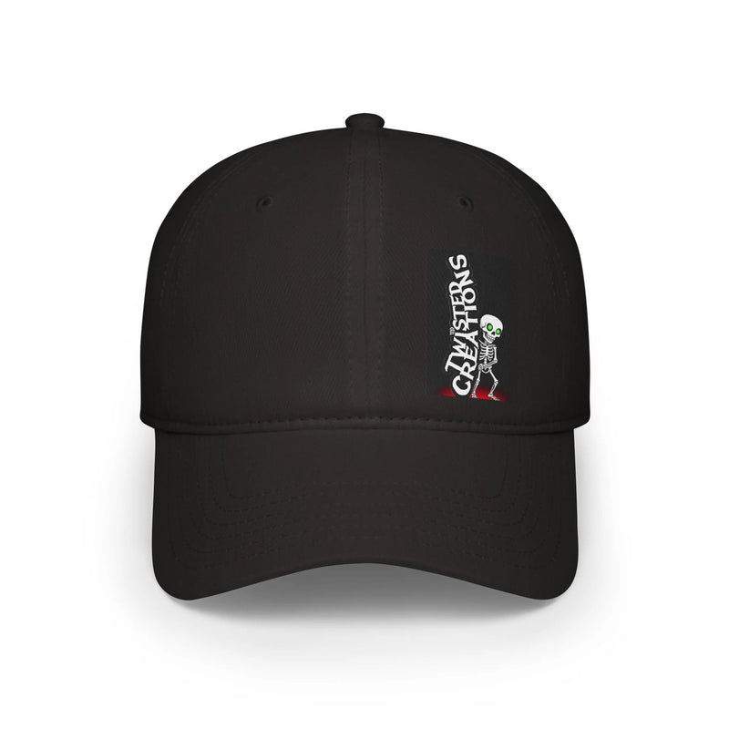 Black cap with a white logo on a white background