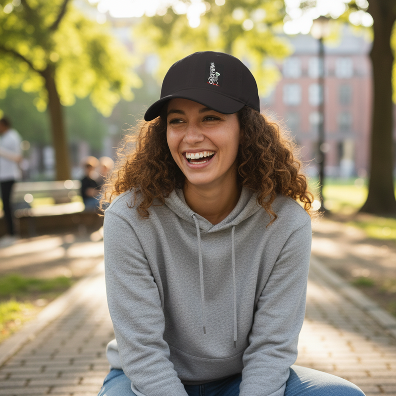Woman wearing a black cap and gray hoodie sitting outdoors in a park.