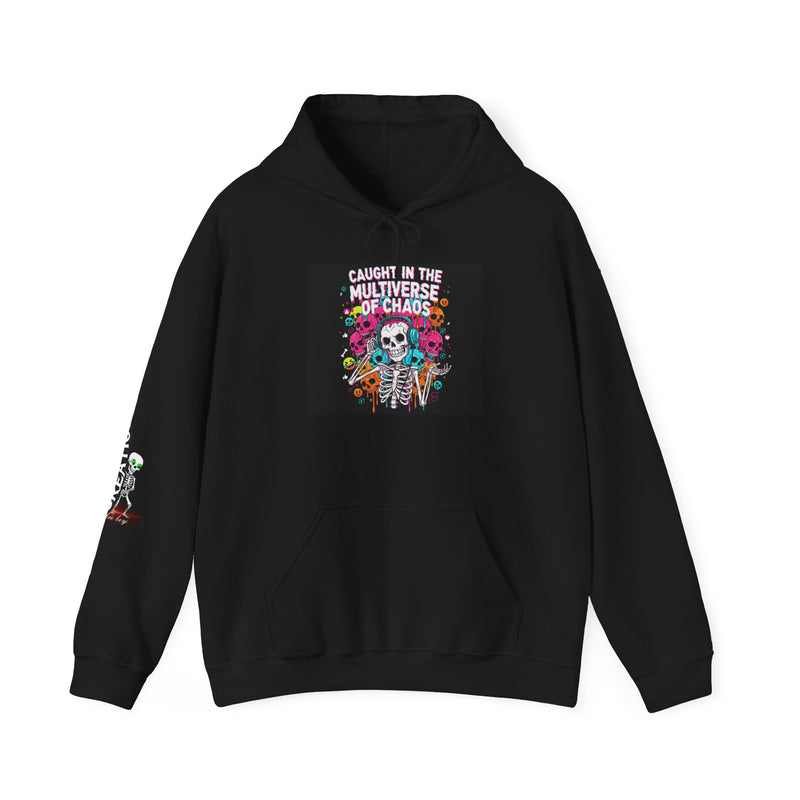 Black hoodie with colorful graphic design on a white background