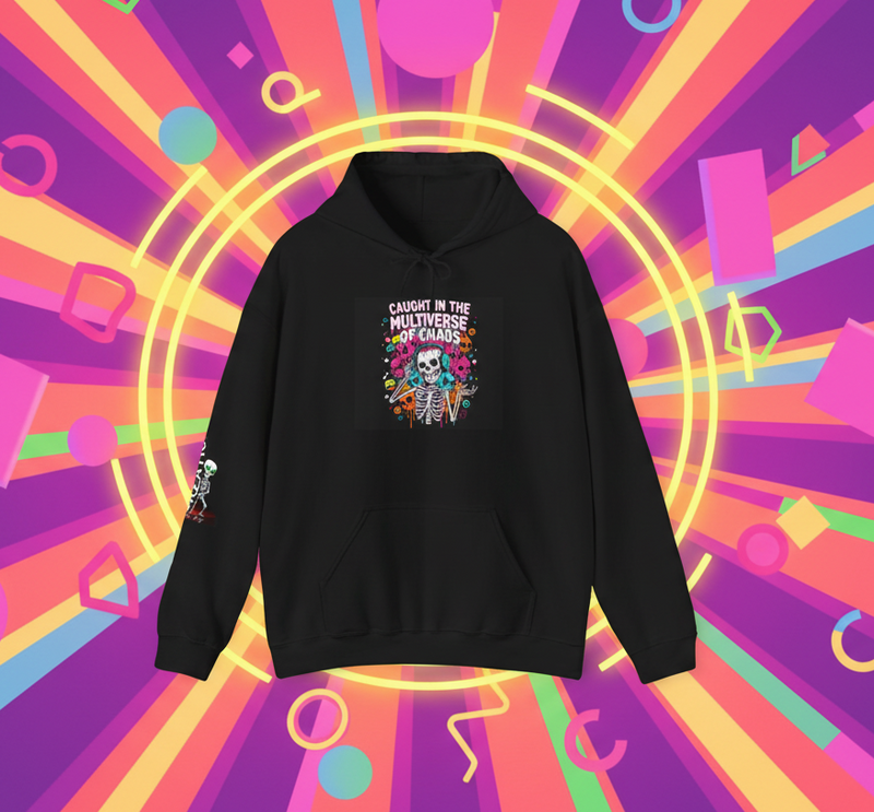 Black hoodie with colorful graphic design on a vibrant, abstract background