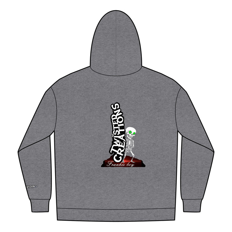 Gray hoodie with skeleton design and text on the back against a white background