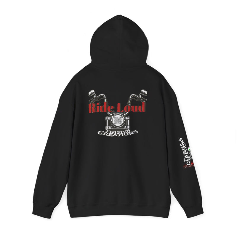 Black hoodie with 'Rule Loud' graphic on a white background