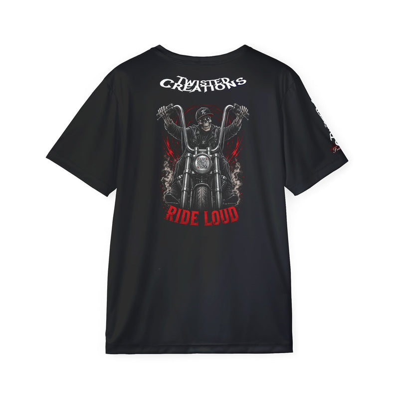 Black t-shirt with a graphic design on the back featuring a motorcycle and text, on a white background.