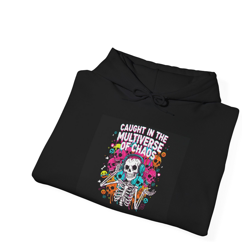 Black hoodie with colorful graphic design and text on a white background