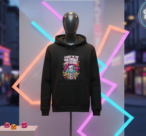 Black hoodie with colorful graphic design on a mannequin against a vibrant geometric background.