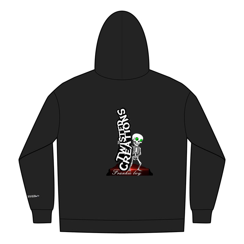 Black hoodie with a skeleton design and text on the back against a white background