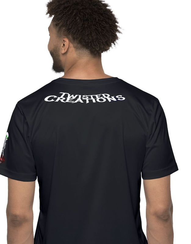 Person wearing a black t-shirt with text on the back, standing against a white background