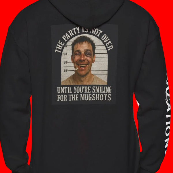 Black hoodie with a graphic design on the back featuring a mugshot and text, against a red background.