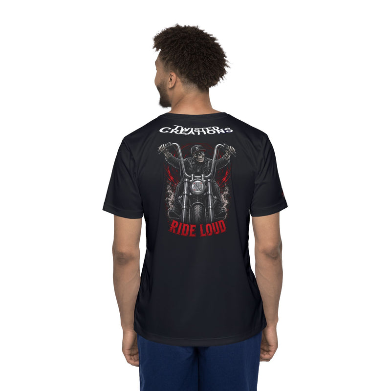 Men's Sports Jersey — 'RIDE LOUD' Harley Rider Graphic with Front Neck Logo & Right Sleeve Frank Accent