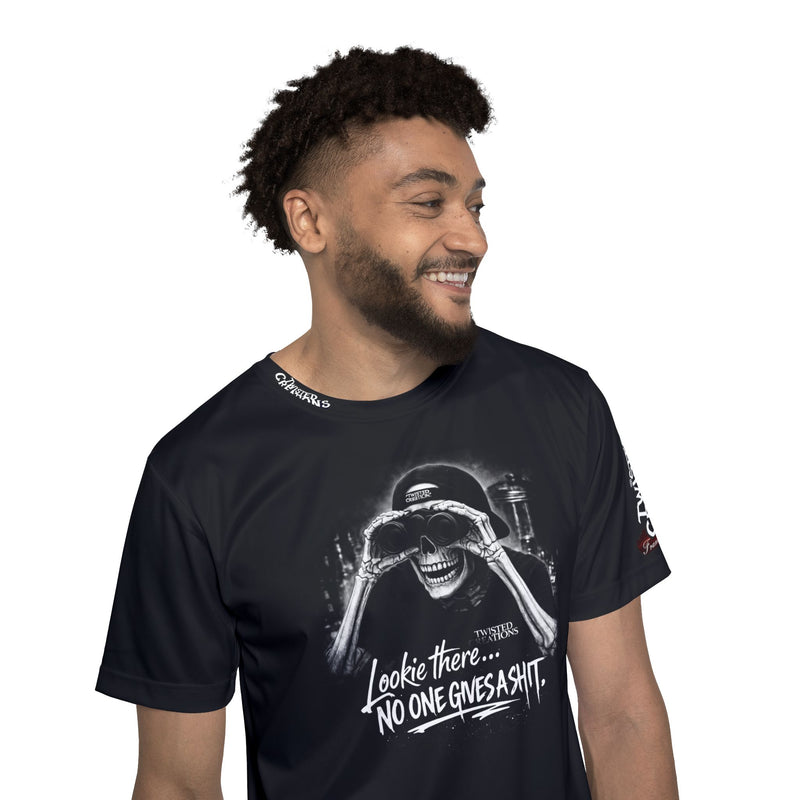 Men's Sports Jersey — 'Look No One, Give a Shit' Skeleton Binoculars Graphic
