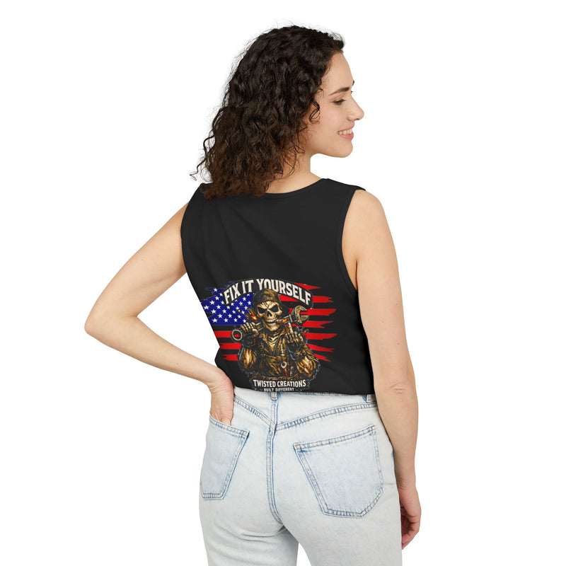 Mechanic Skull Tank Top "Fix It Yourself" American Flag Tool Graphic