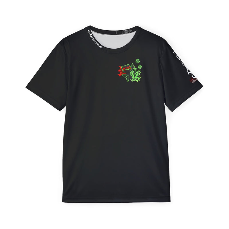 Black t-shirt with colorful graphic design on a white background