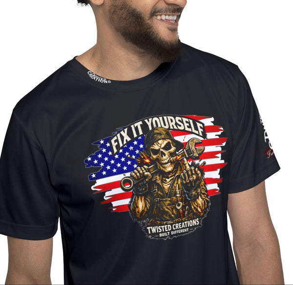 Man wearing a black t-shirt with a graphic design featuring an American flag and text.