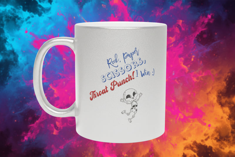  mug with a skeleton design and text on a white background Get Throat Punched Metallic Mug