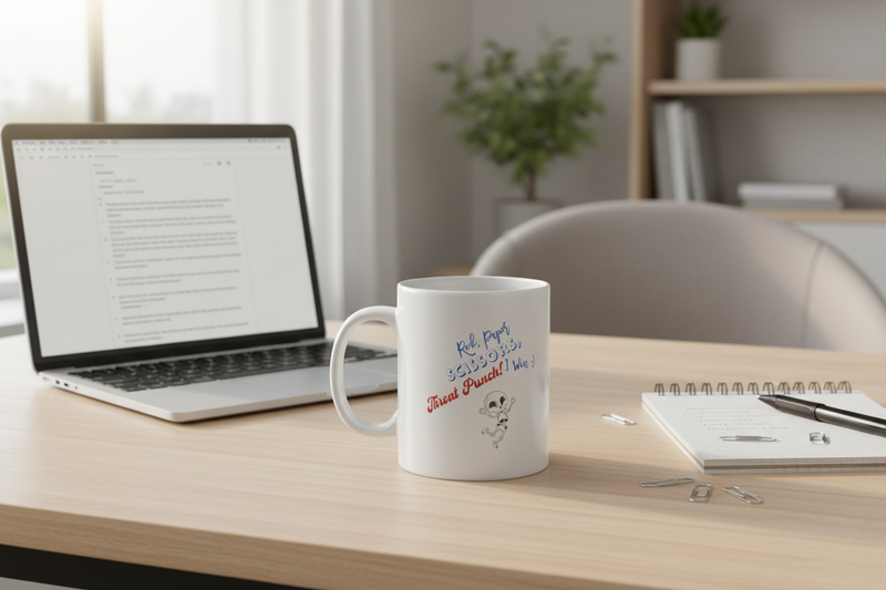  mug with text and graphics on a desk next to a laptopGet Throat Punched Metallic Mug