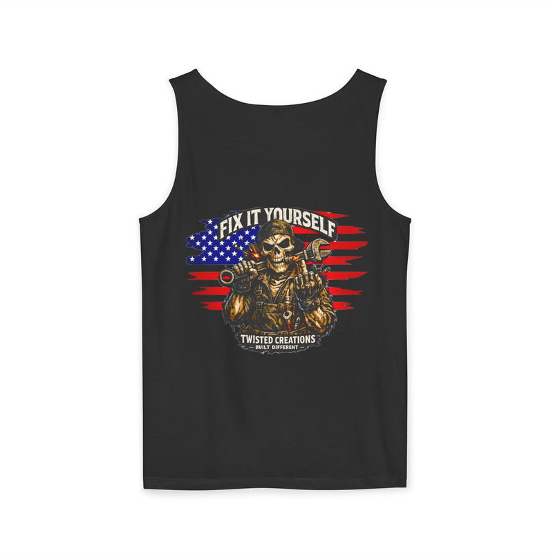 Mechanic Skull Tank Top "Fix It Yourself" American Flag Tool Graphic