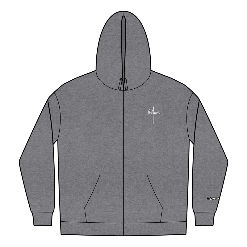 Gray hoodie with a logo on the chest against a white background