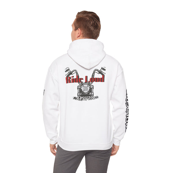 Person wearing a white hoodie with graphic designs on the back and sleeve, on a white background Ride Loud Hooded Sweatshirt 