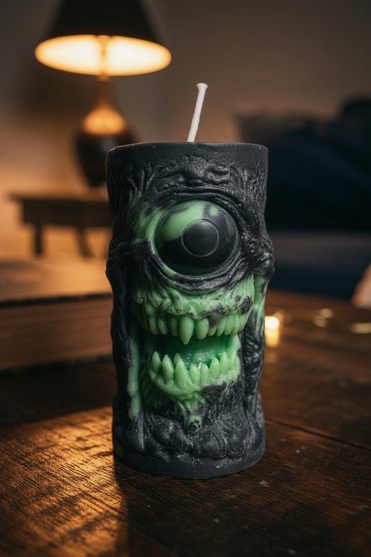 Gothic-style candle with eye design on a wooden surface Cyclops Pillar Candle
