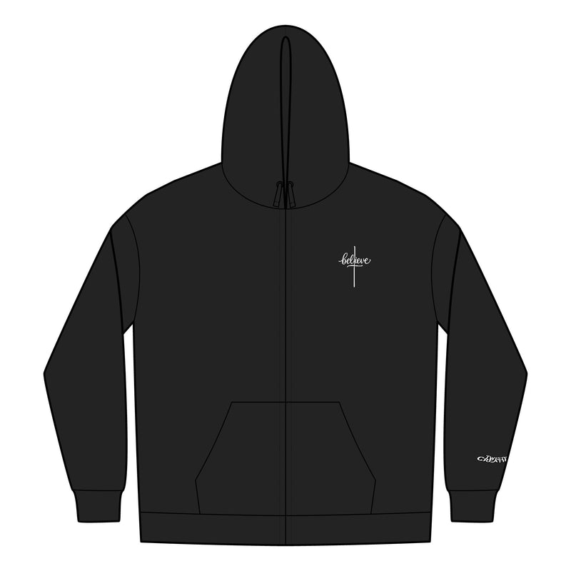 Black hoodie with a small logo on the chest against a white background
