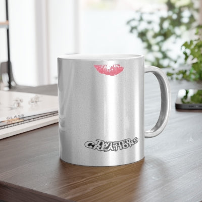  mug with a logo on a wooden surfaceGet Throat Punched Metallic Mug