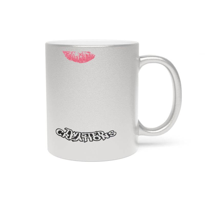 mug with pink lipstick mark and black text on a white background Get Throat Punched Metallic Mug