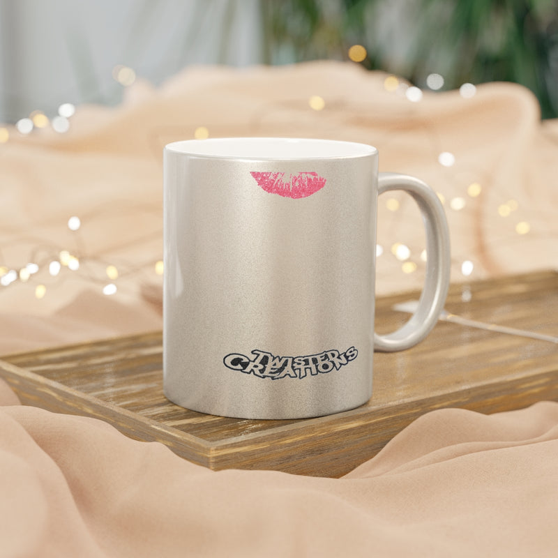  mug with a logo and text on a wooden surface with a soft, blurred background Get Throat Punched Metallic Mug