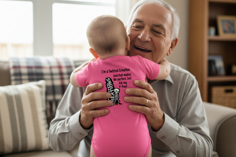 Grandfather holding a baby wearing a pink onesie that says 'just ask my p-paw baby onesie' in a cozy living room.