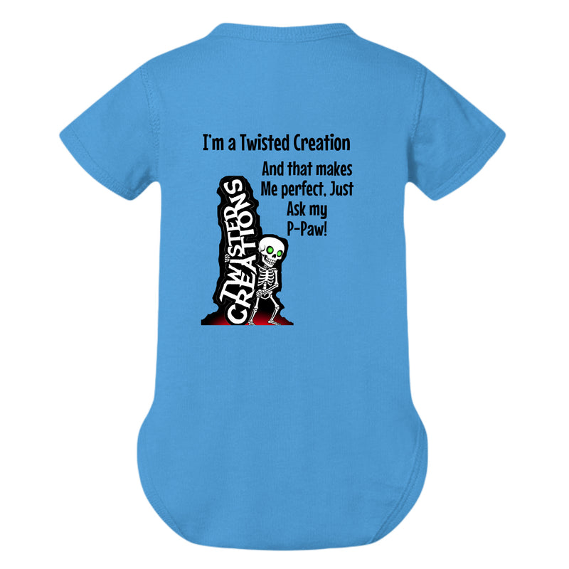 just ask my p-paw baby onesie featuring a skeleton design and text about being a twisted creation.