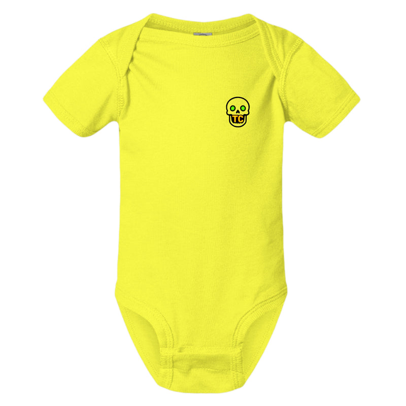 just ask my p-paw baby onesie in bright yellow with a cute skull design on the chest