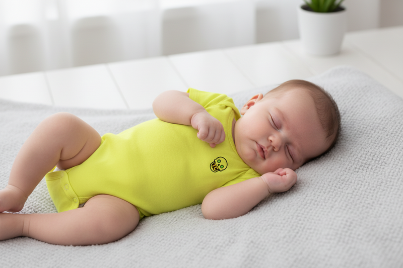 just ask my p-paw baby onesie in vibrant yellow on a sleeping baby.