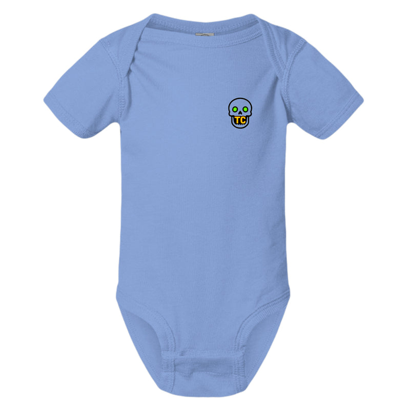just ask my p-paw baby onesie featuring a playful skull design on a light blue background.