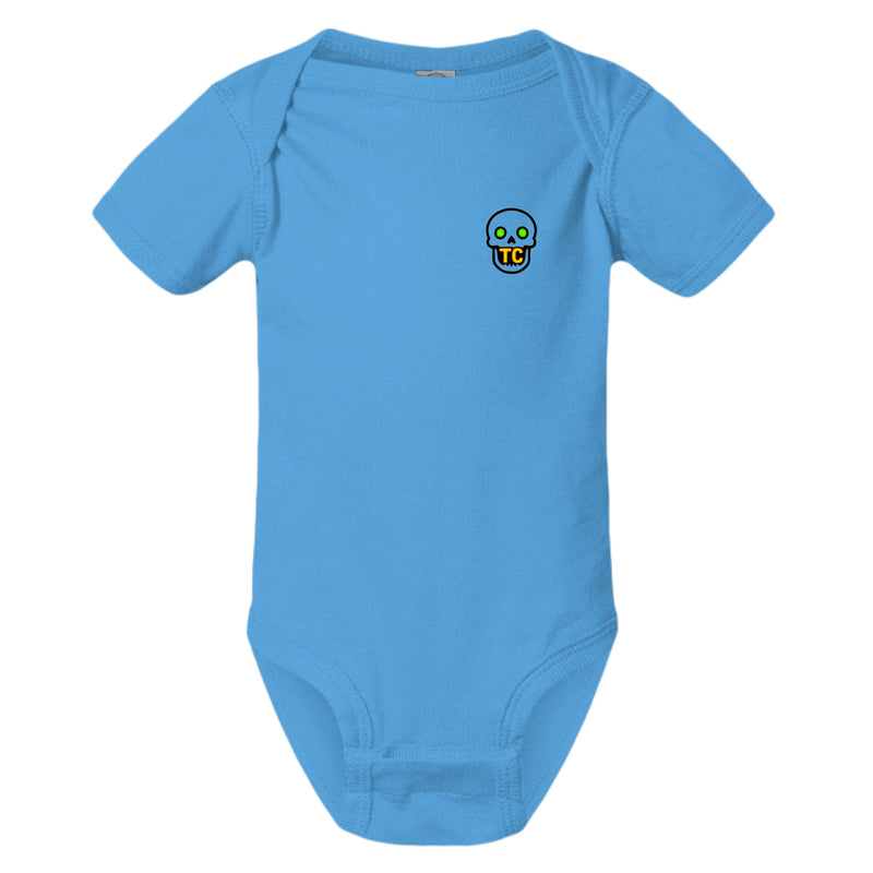 just ask my p-paw baby onesie in blue with a cute skull logo on the chest.