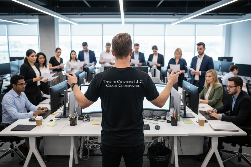 Person in a black t-shirt addressing a team in a modern office setting