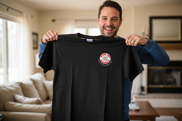 Man holding a black hoodie with a logo in a living room