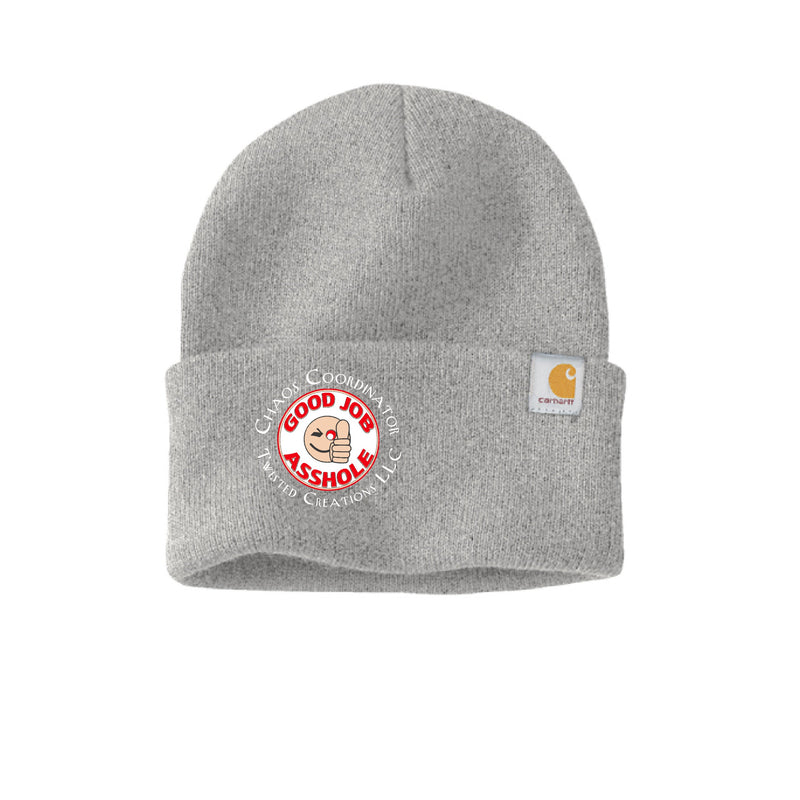 Gray beanie with a logo and text on a white background