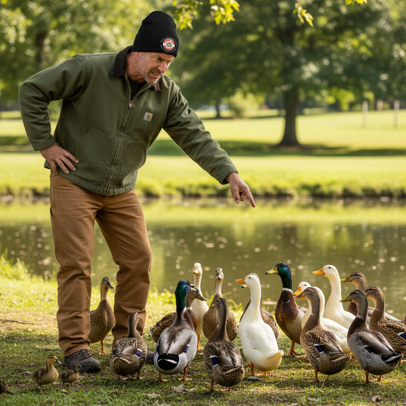 Man interacting with ducks by a pond in a park setting