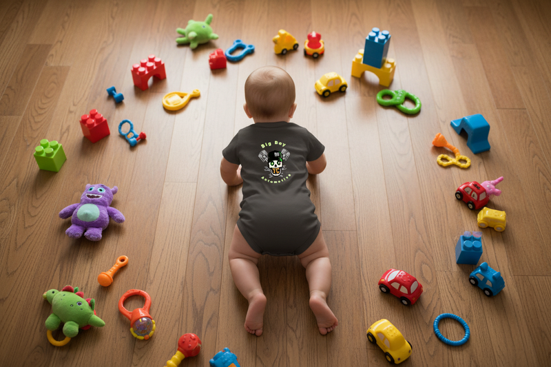 Baby lying on a wooden floor surrounded by colorful toys