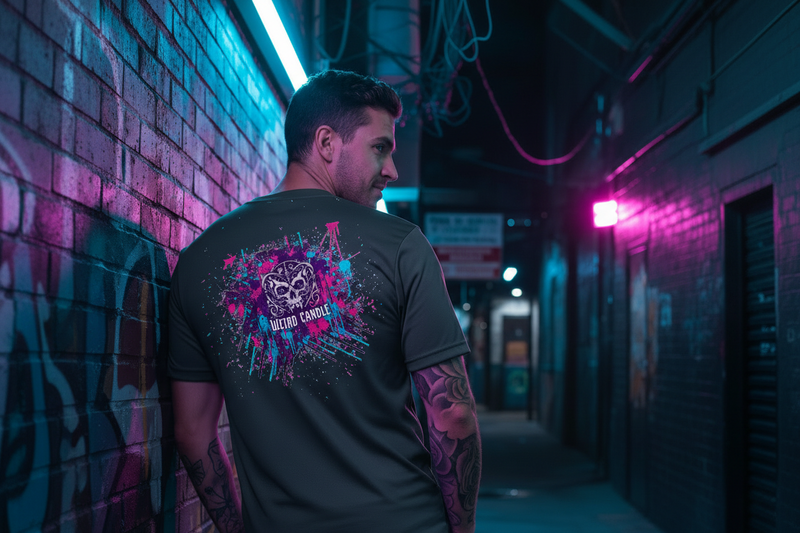 Man wearing a dark t-shirt with a colorful graphic design, standing in a neon-lit alleyway.