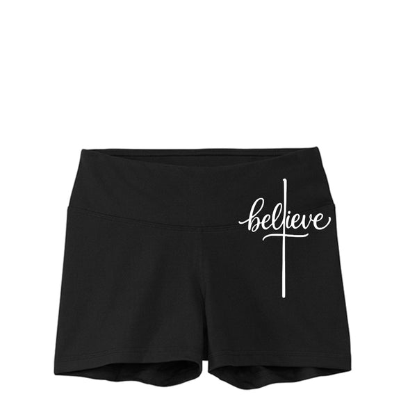 Believe Cross Sport black compression shorts featuring the word 'believe' and a cross design.