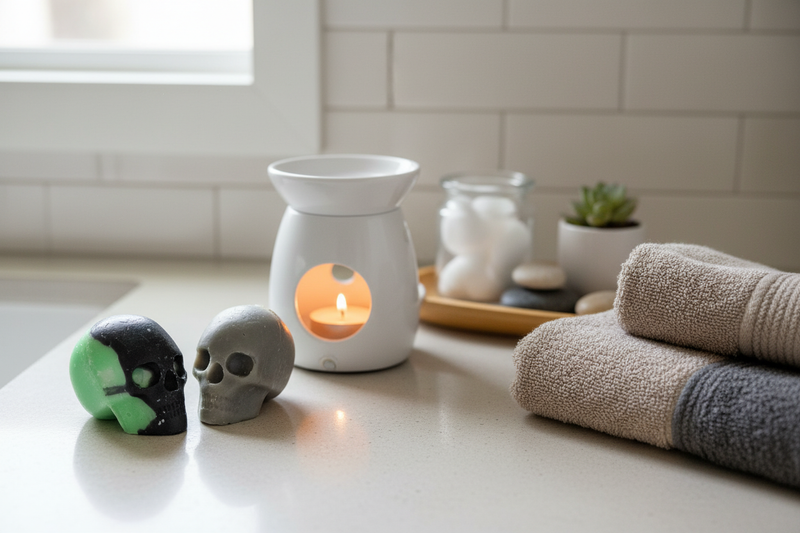 Skull wax melts in modern bathroom setting
